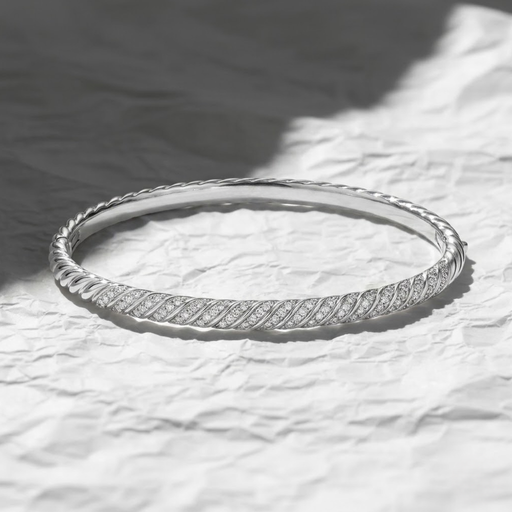 14K Gold Dainty Cable Bangle, Lab Grown Diamond Twisted Bangle,
