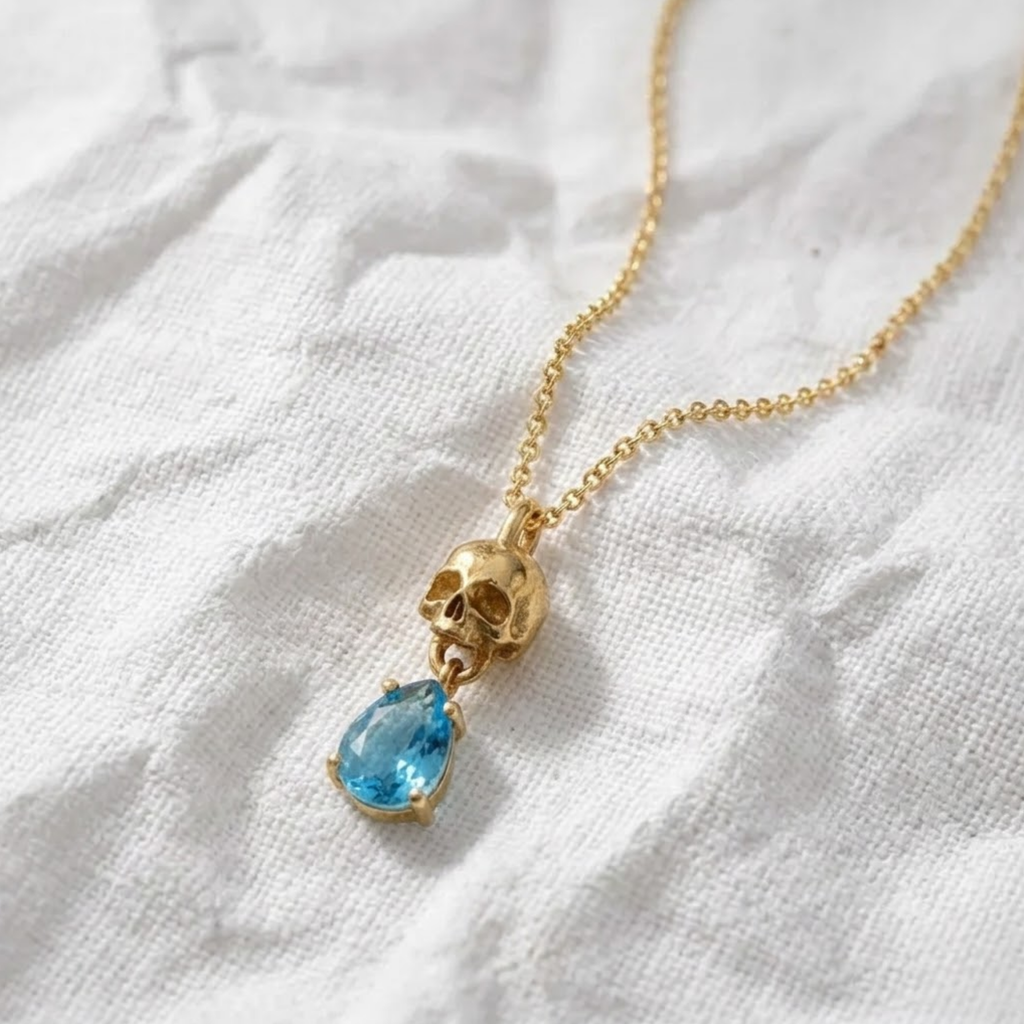 Memento Mori Birthstone Necklace, 14K Gold Skull, Minimalist Skull Necklace
