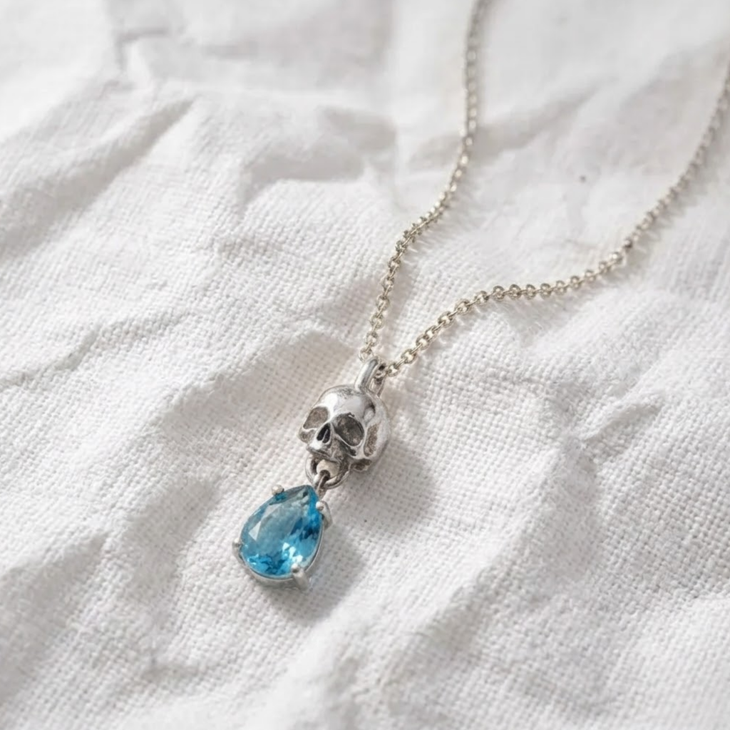 Memento Mori Birthstone Necklace, 14K Gold Skull, Minimalist Skull Necklace