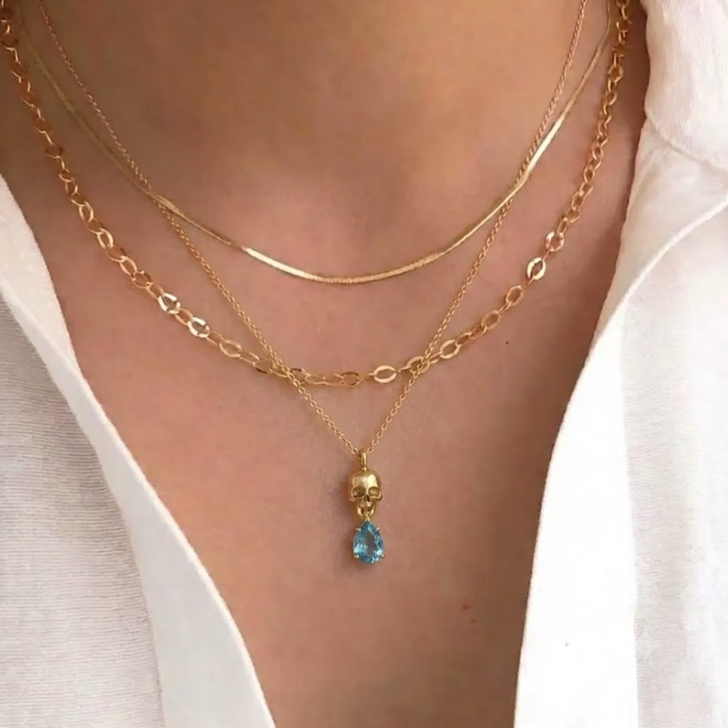 Memento Mori Birthstone Necklace, 14K Gold Skull, Minimalist Skull Necklace