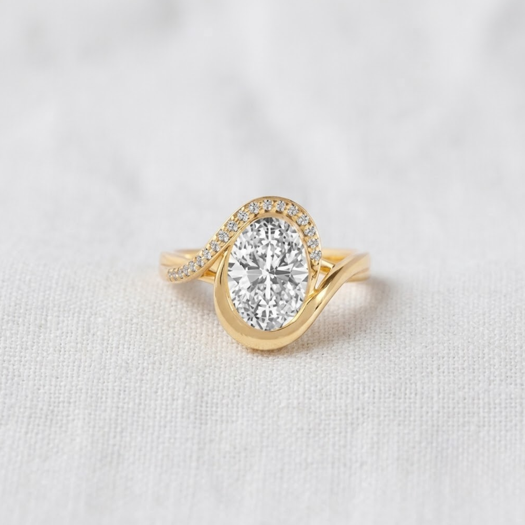 2 Carat Oval Lab Grown Diamond Curved Oval Wave Halo Engagement Ring | 14K Gold Bypass Proposal Ring