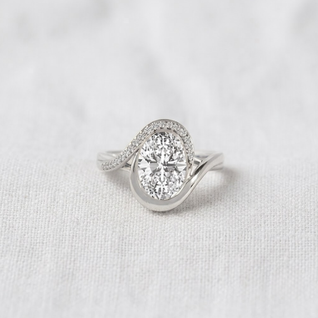 2 Carat Oval Lab Grown Diamond Curved Oval Wave Halo Engagement Ring | 14K Gold Bypass Proposal Ring