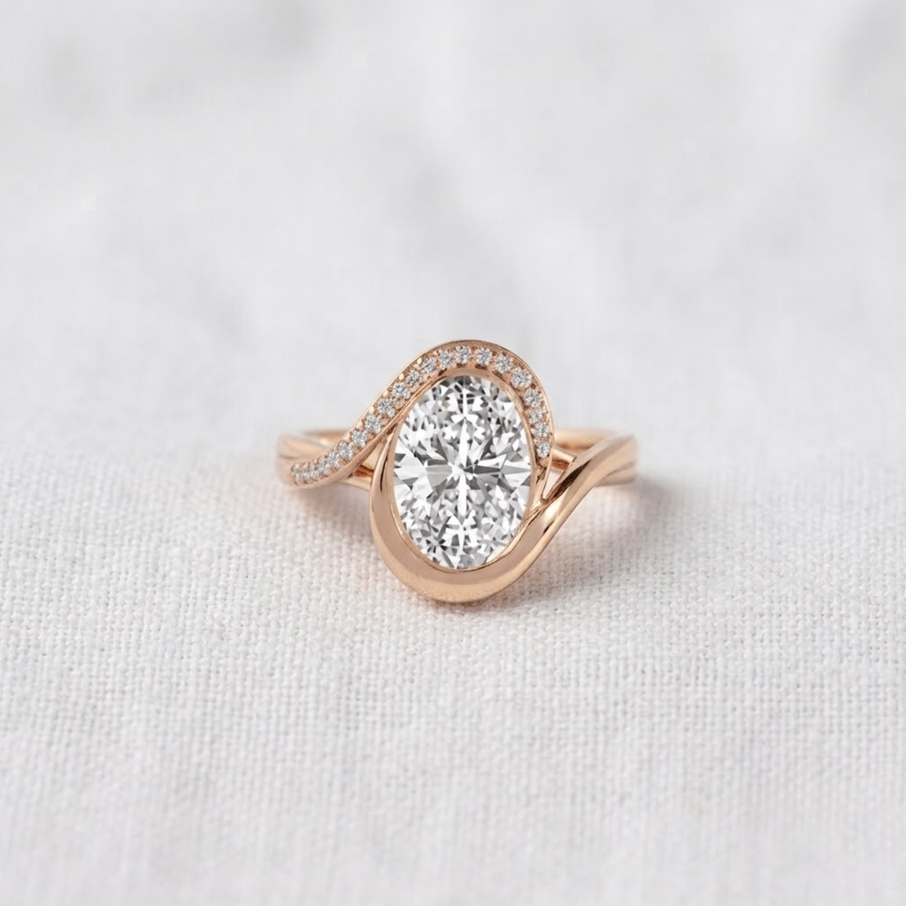 2 Carat Oval Lab Grown Diamond Curved Oval Wave Halo Engagement Ring | 14K Gold Bypass Proposal Ring