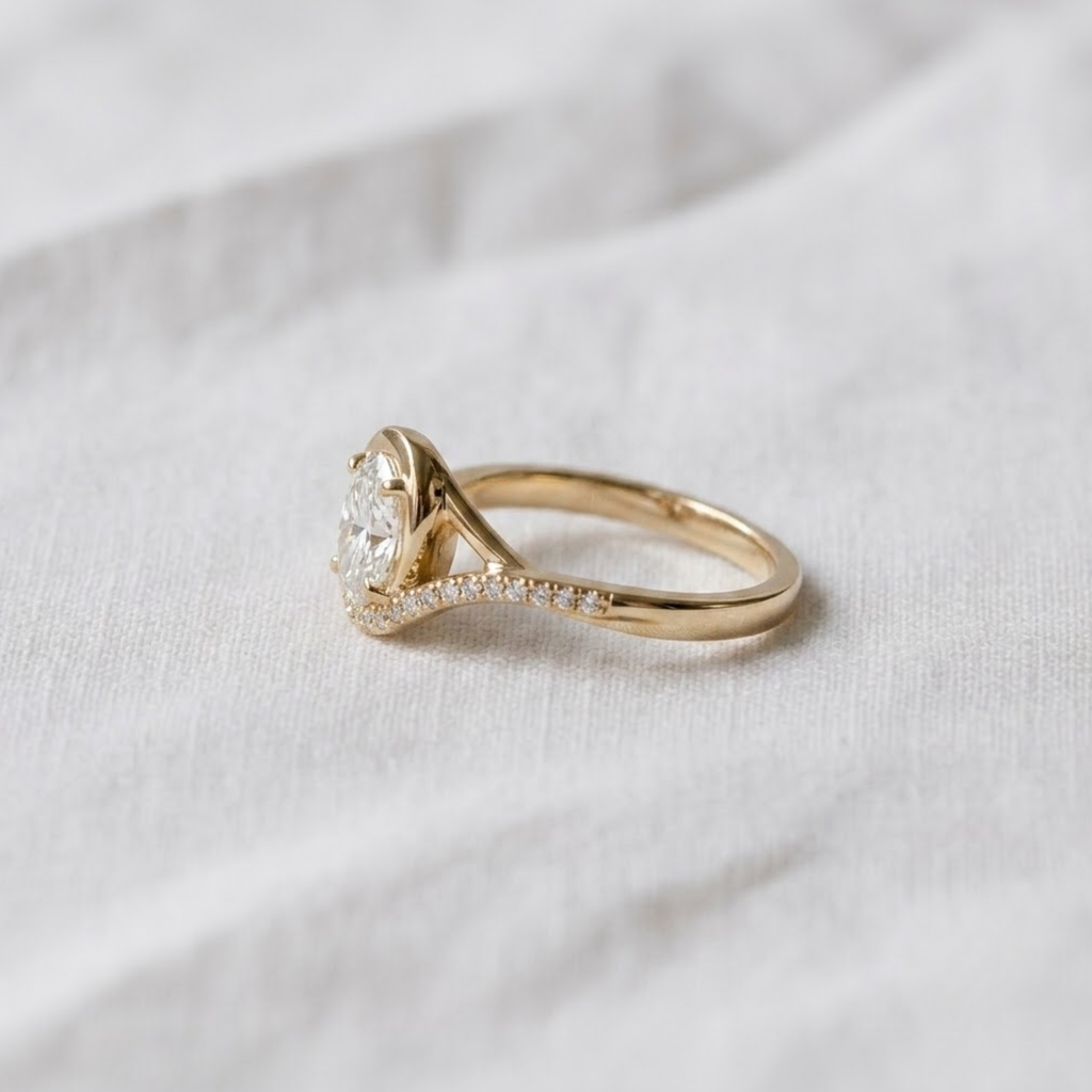 2 Carat Oval Lab Grown Diamond Curved Oval Wave Halo Engagement Ring | 14K Gold Bypass Proposal Ring