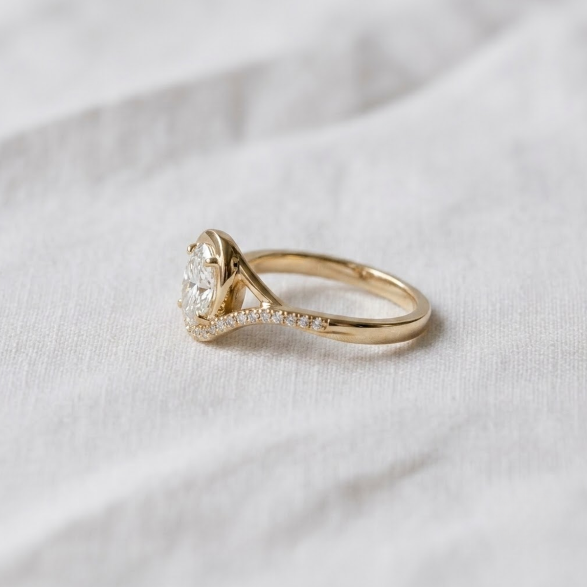 2 Carat Oval Lab Grown Diamond Curved Oval Wave Halo Engagement Ring | 14K Gold Bypass Proposal Ring