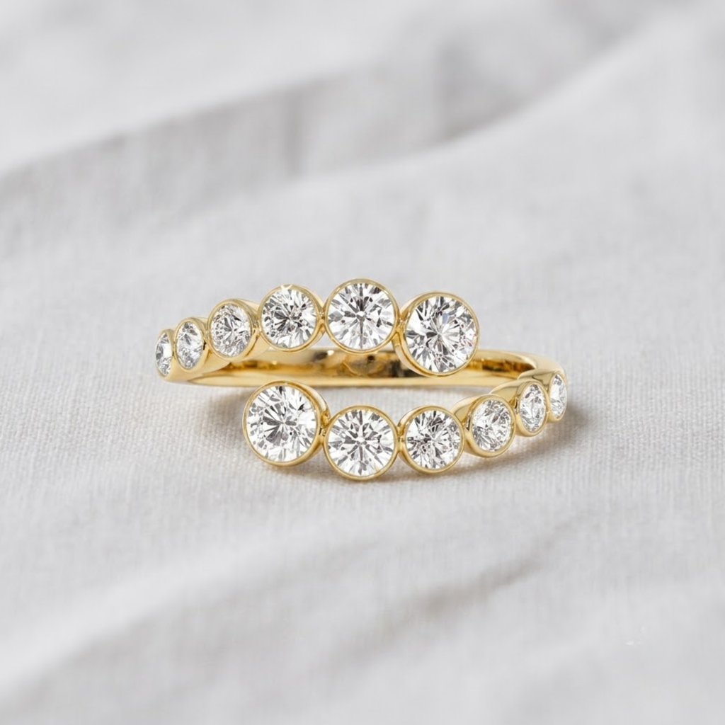 14K Gold Lab Grown Diamond Bypass Bezel Setting Wedding Ring, Cross Over Open Handmade Ring