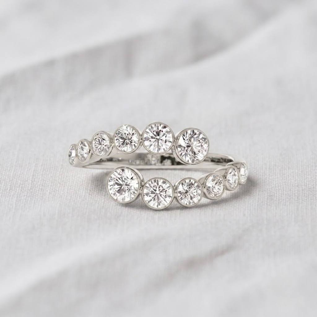 14K Gold Lab Grown Diamond Bypass Bezel Setting Wedding Ring, Cross Over Open Handmade Ring