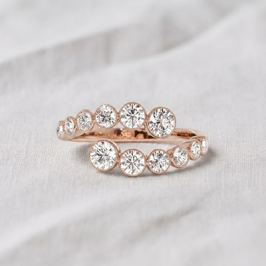 14K Gold Lab Grown Diamond Bypass Bezel Setting Wedding Ring, Cross Over Open Handmade Ring