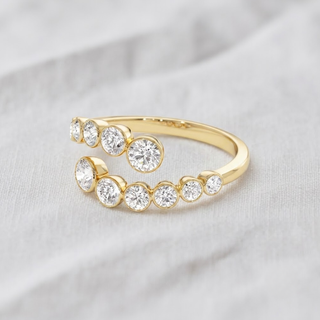 14K Gold Lab Grown Diamond Bypass Bezel Setting Wedding Ring, Cross Over Open Handmade Ring