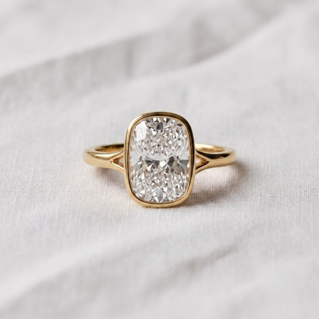 2 Carat Elongated Cushion Lab Created Diamond Bezel Set Engagement Ring