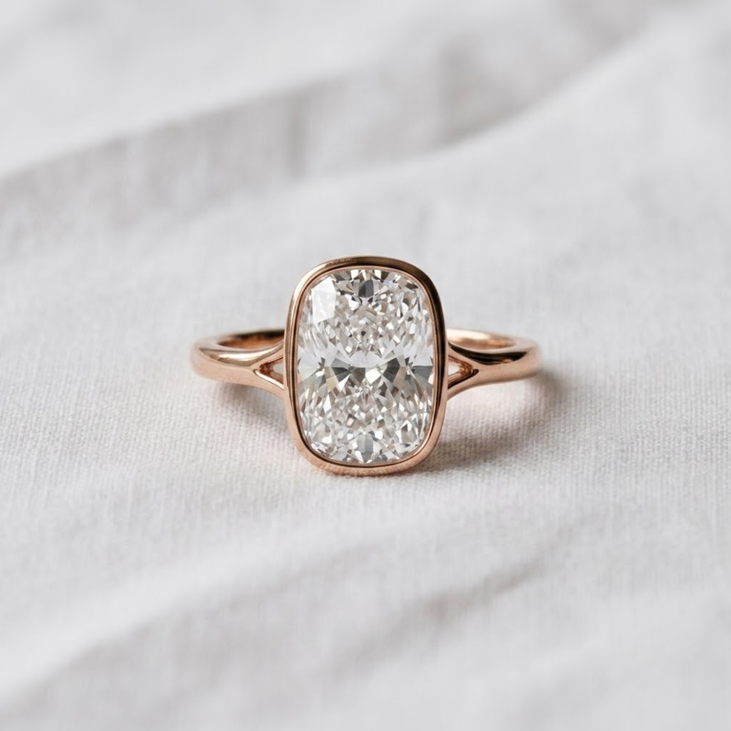 2 Carat Elongated Cushion Lab Created Diamond Bezel Set Engagement Ring