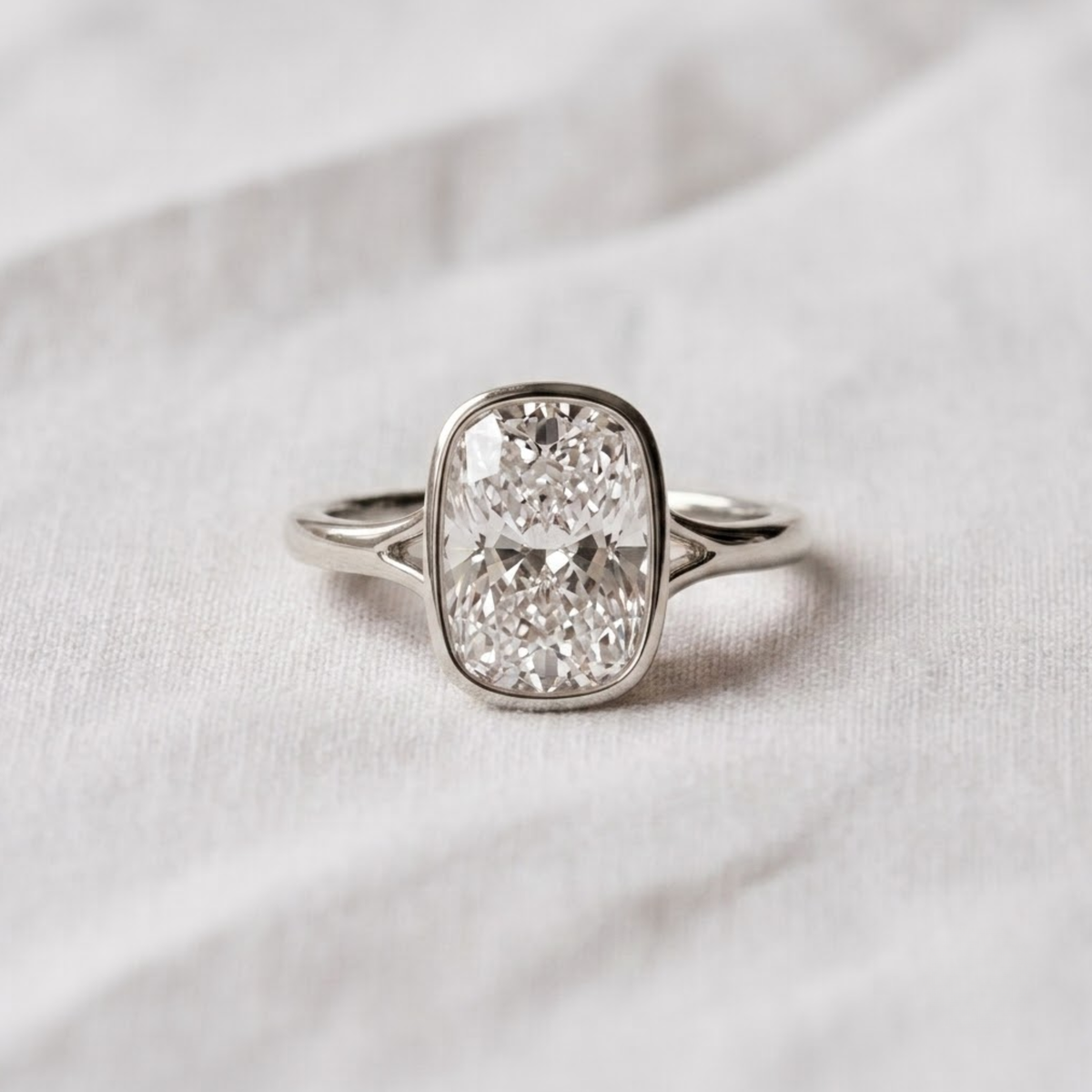 2 Carat Elongated Cushion Lab Created Diamond Bezel Set Engagement Ring