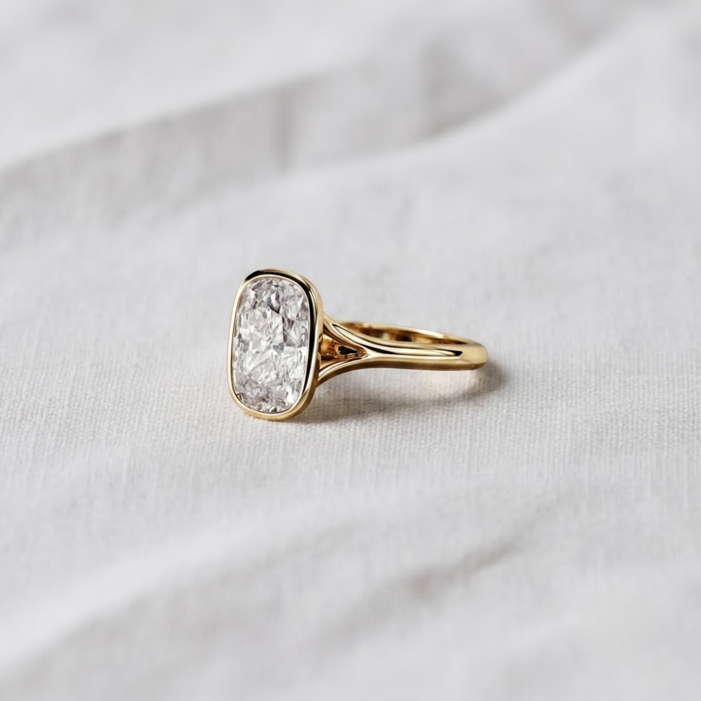 2 Carat Elongated Cushion Lab Created Diamond Bezel Set Engagement Ring