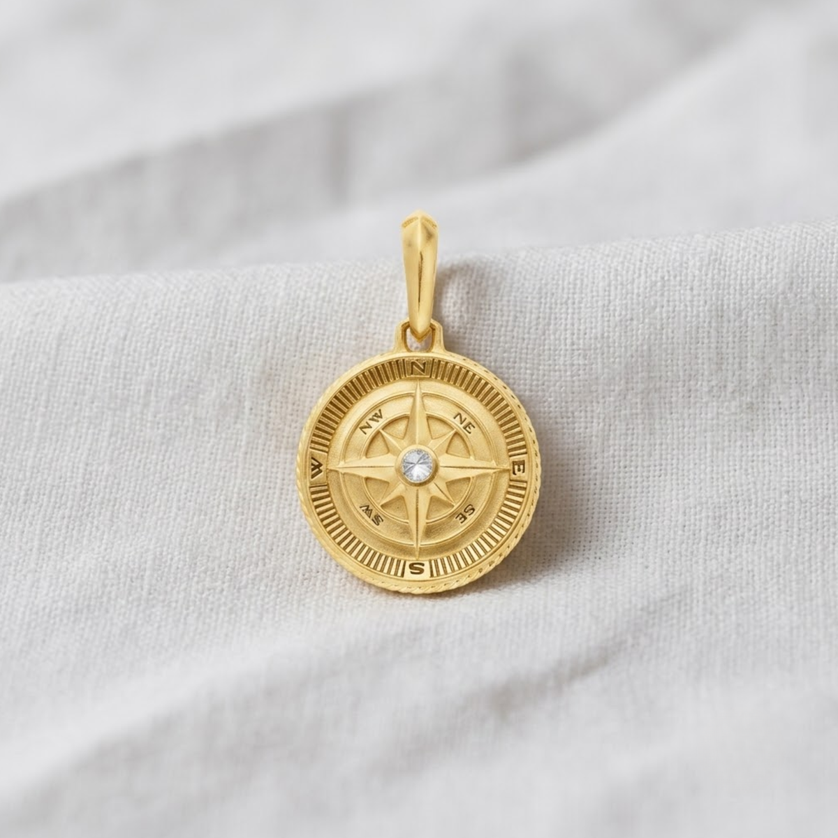 14K Solid Gold Compass Medallion Pendant, Lab Grown Diamond Nautical Directional Jewelry, Gift for Him