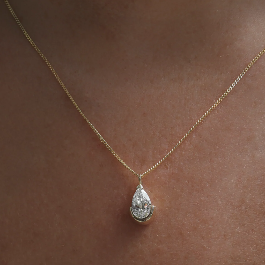 Pear Lab Grown Half Bezel Pendant Necklace
