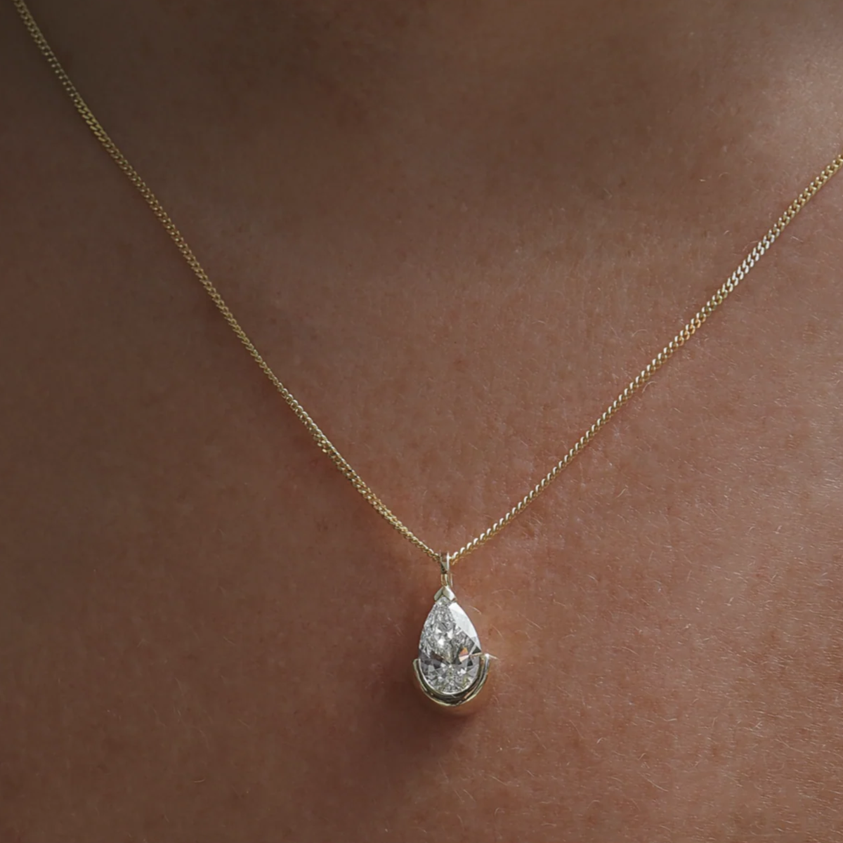 Pear Lab Grown Half Bezel Pendant Necklace