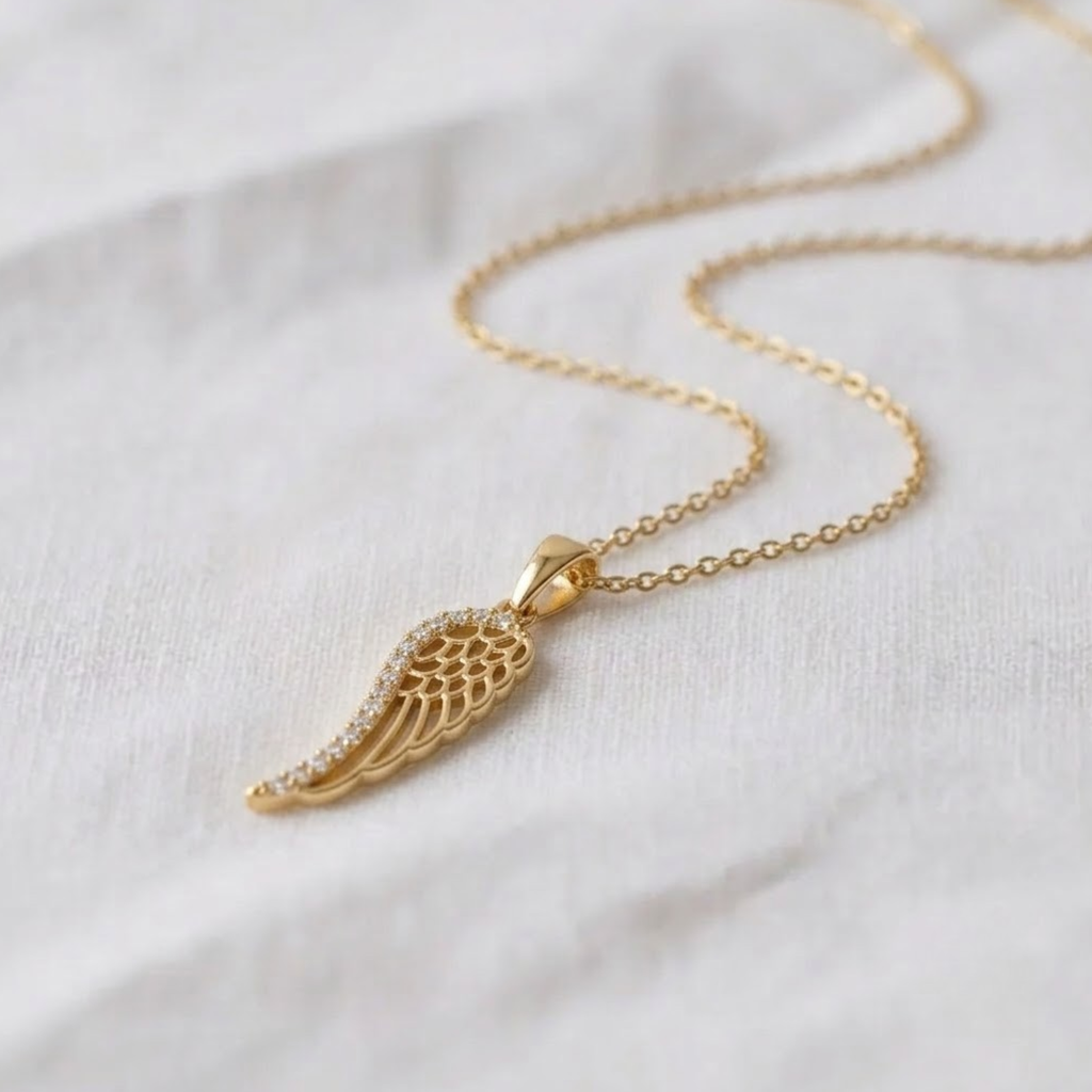 14K Solid Gold Diamond Angel Wing Necklace