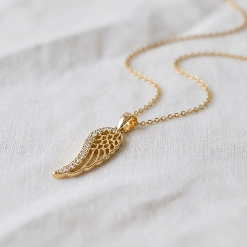14K Solid Gold Diamond Angel Wing Necklace