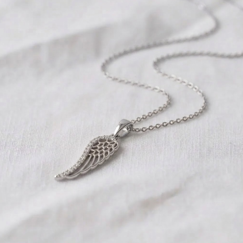 14K Solid Gold Diamond Angel Wing Necklace