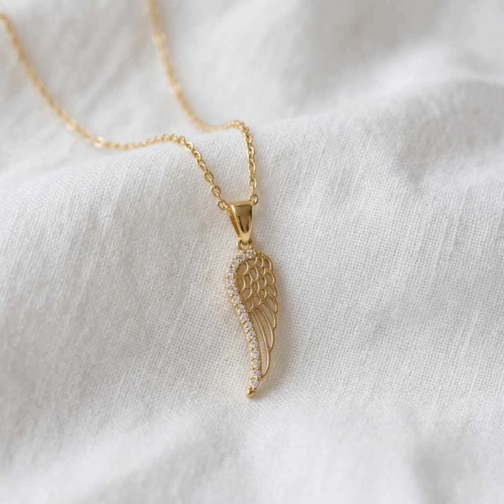 14K Solid Gold Diamond Angel Wing Necklace