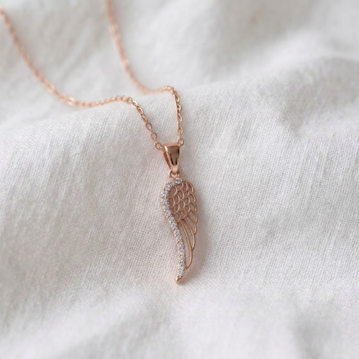 14K Solid Gold Diamond Angel Wing Necklace
