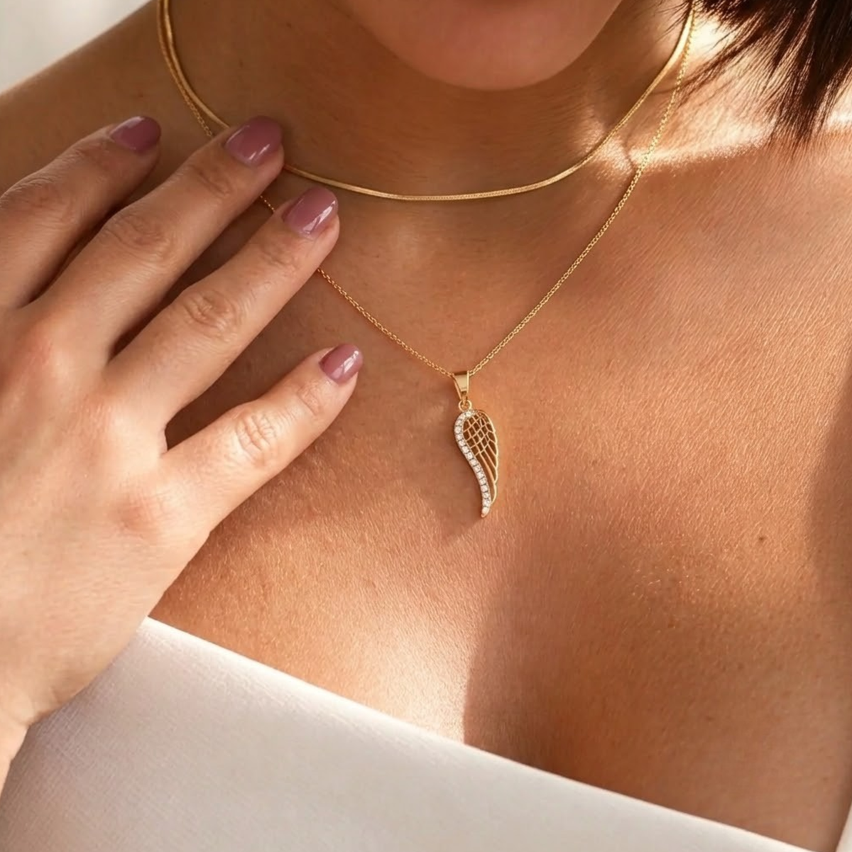 14K Solid Gold Diamond Angel Wing Necklace