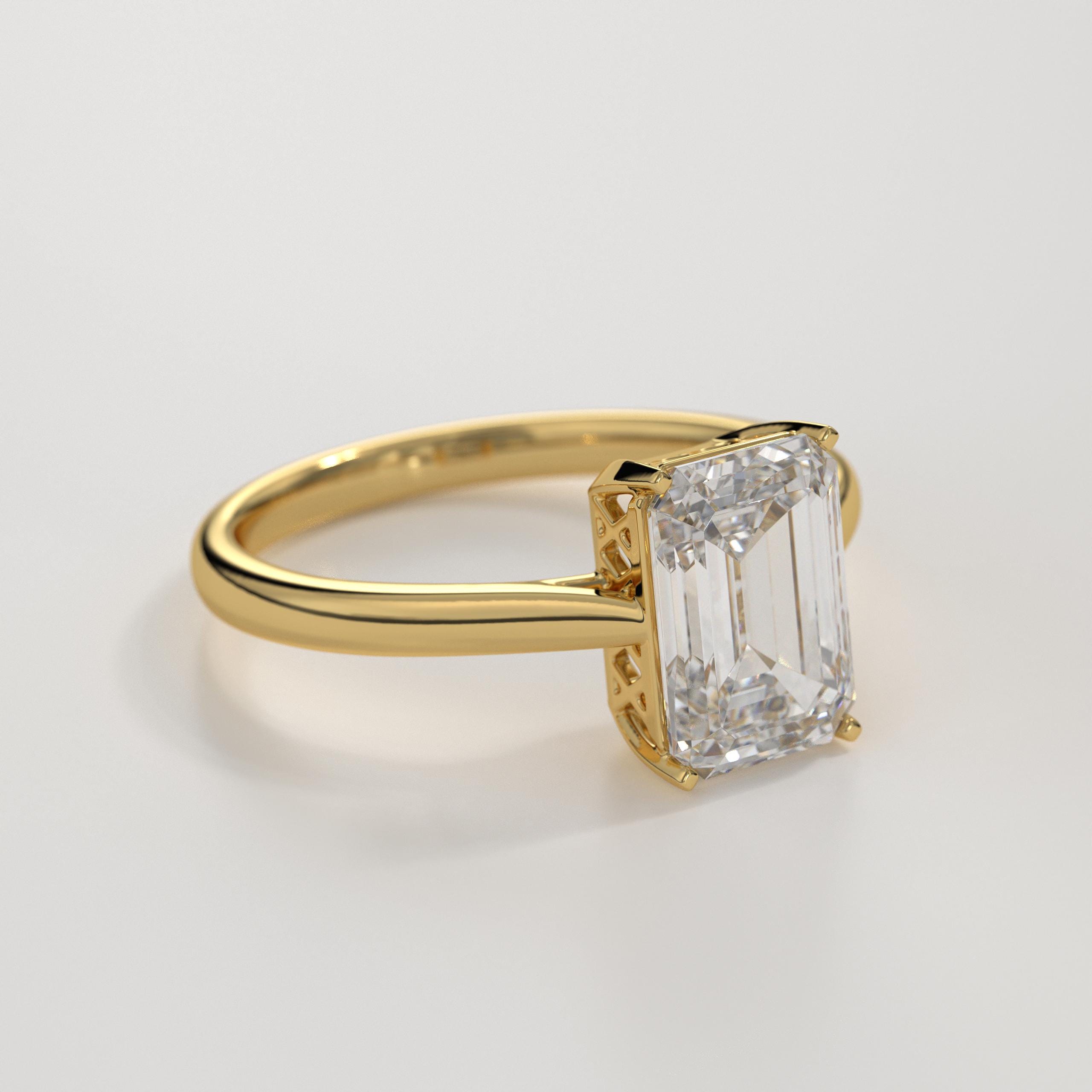 14K Solid Gold Certified Emerald Cut Lab Diamond Solitaire Engagement Ring