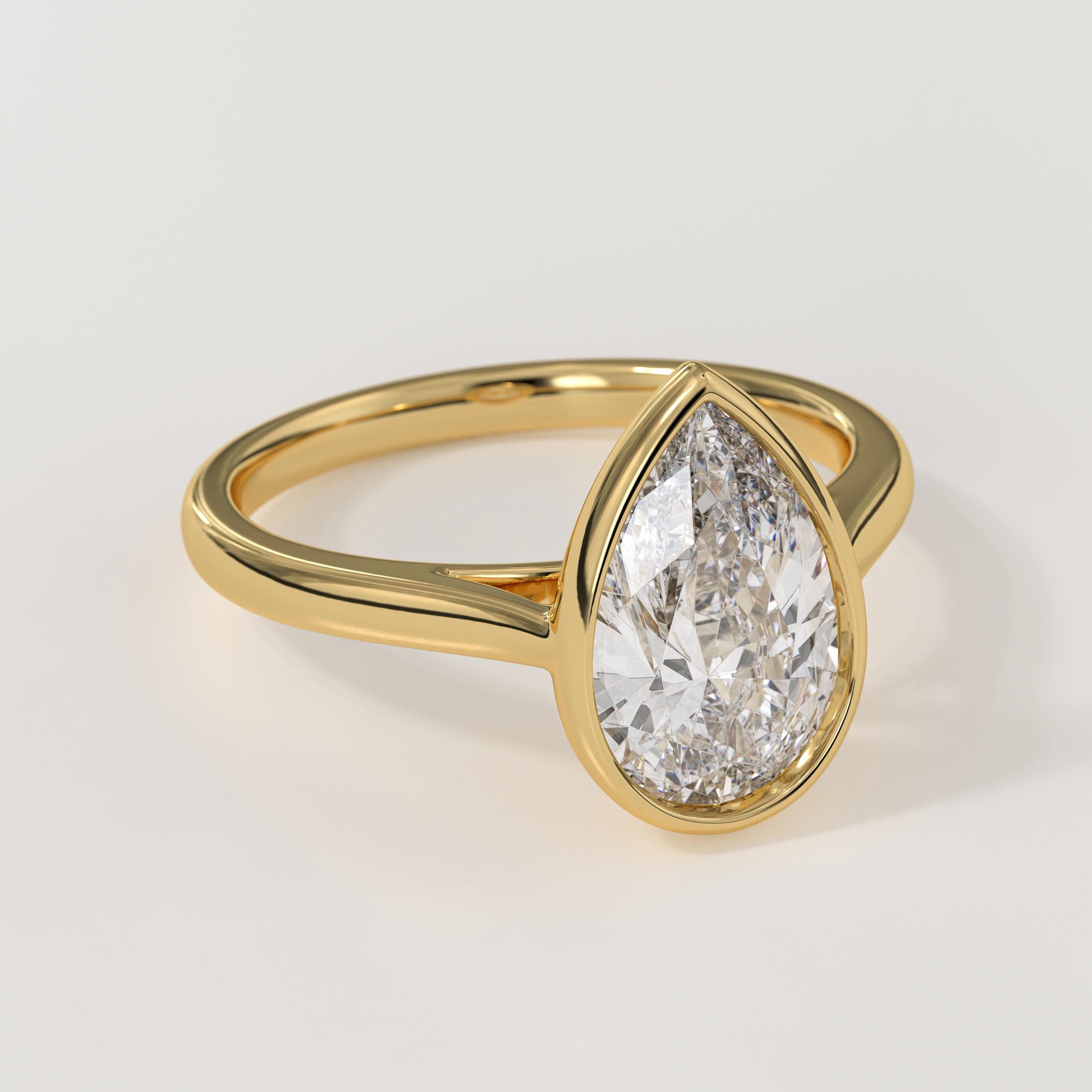 14K Gold Pear Shape Bezel Setting Lab Grown Diamond Engagement Ring