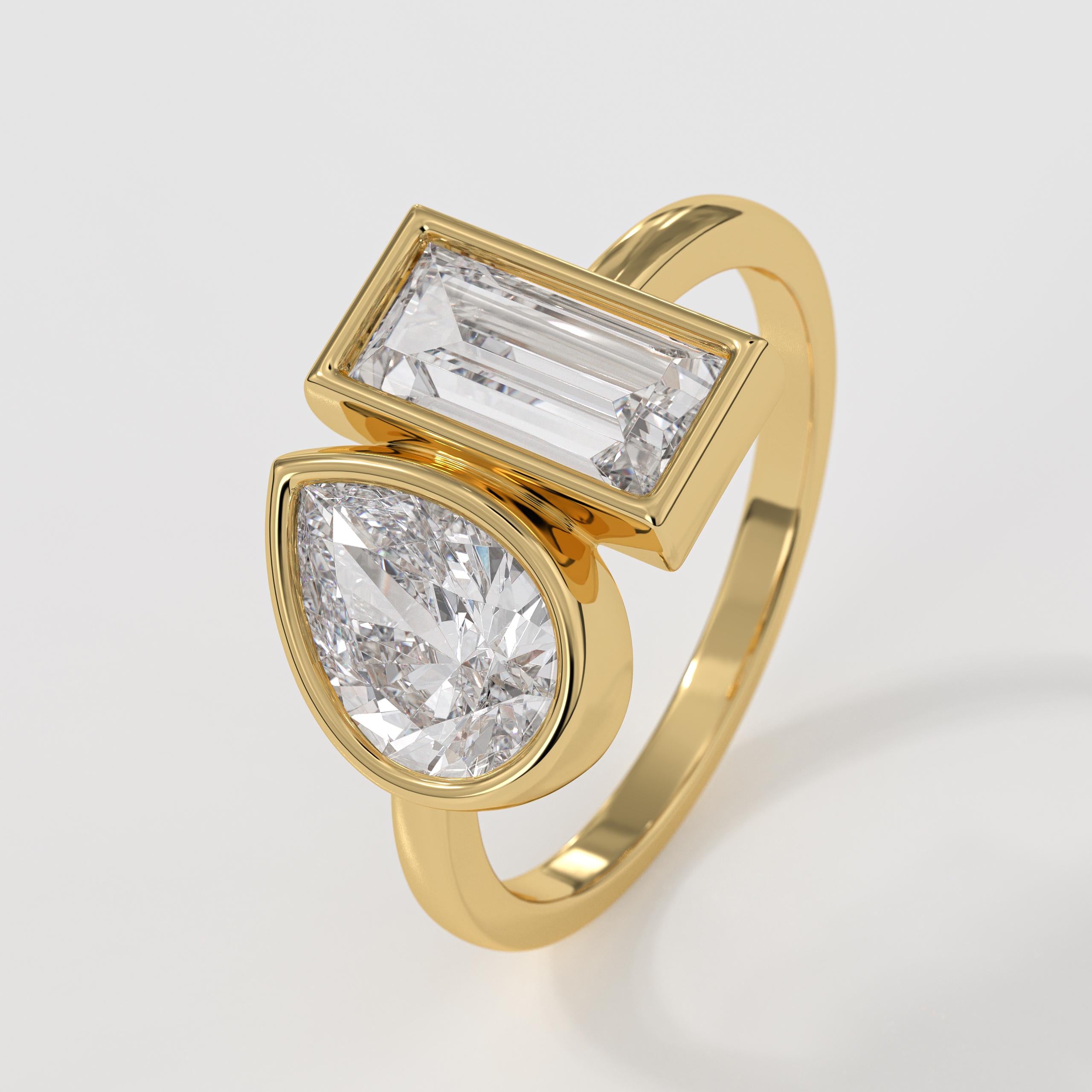 Toi Et Moi IGI Certified Pear Cut & Baguette Cut Lab Grown Diamond 14K Gold Engagement Ring