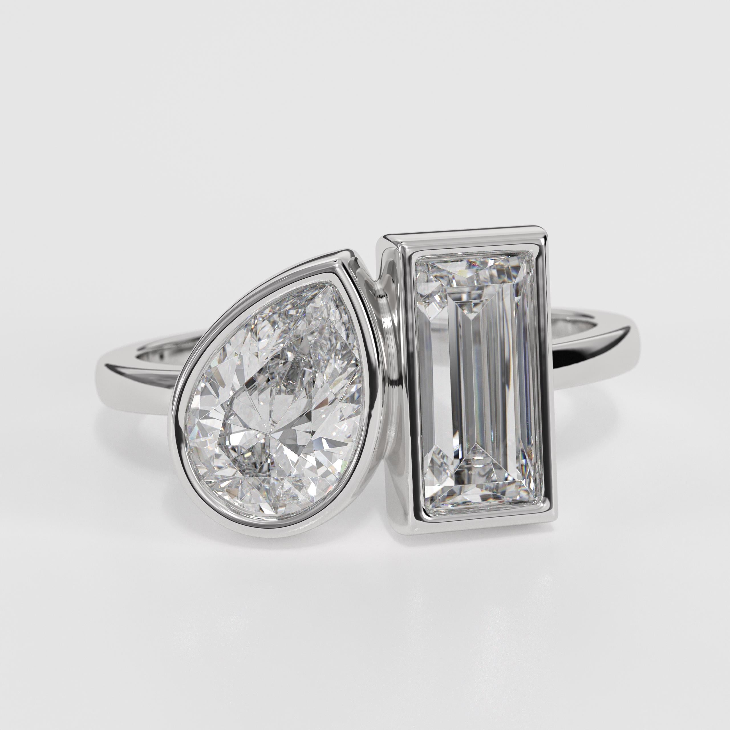 Toi Et Moi IGI Certified Pear Cut & Baguette Cut Lab Grown Diamond 14K Gold Engagement Ring