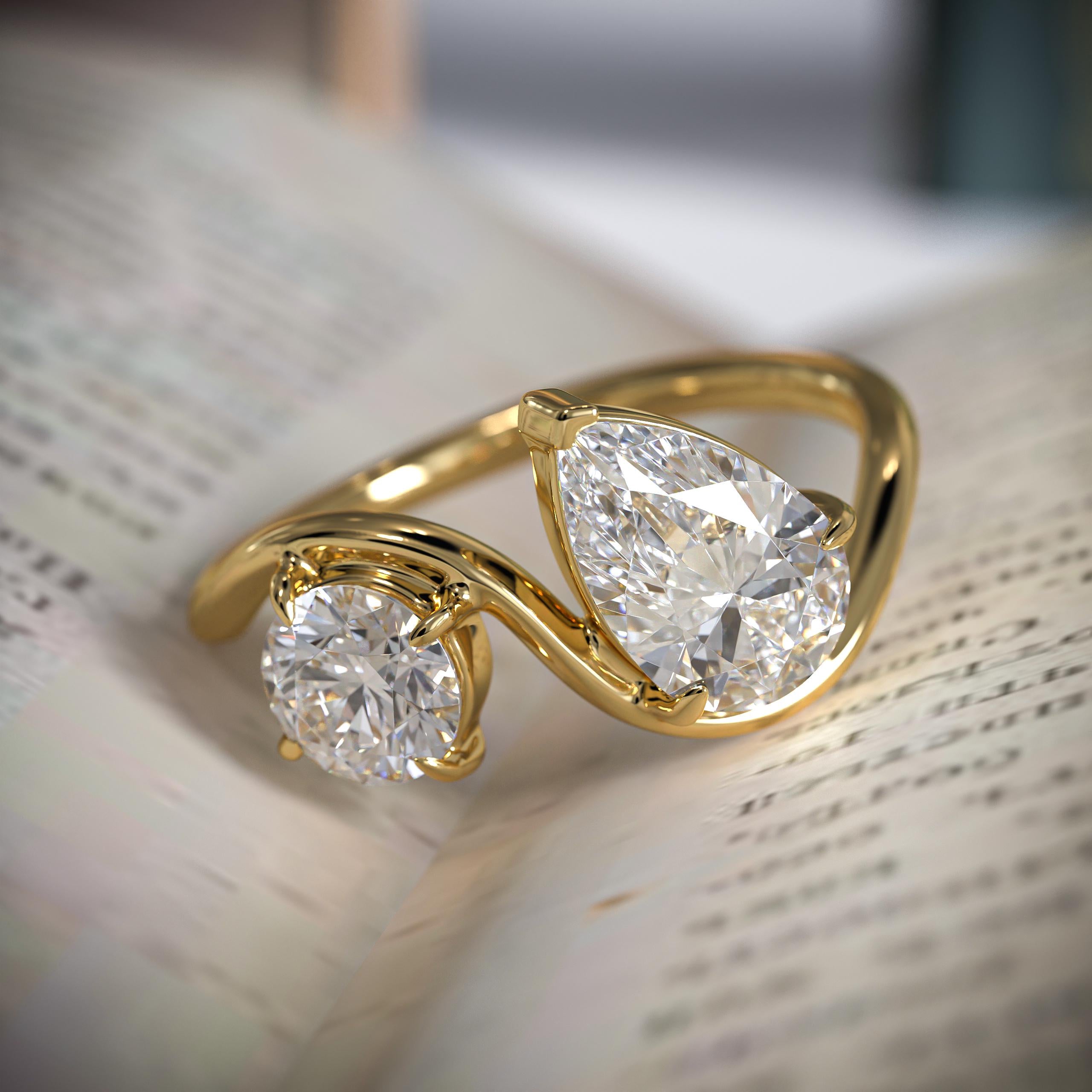 14K Gold Pear & Round Cut Lab Grown Diamond Toi Et Moi Wedding Ring