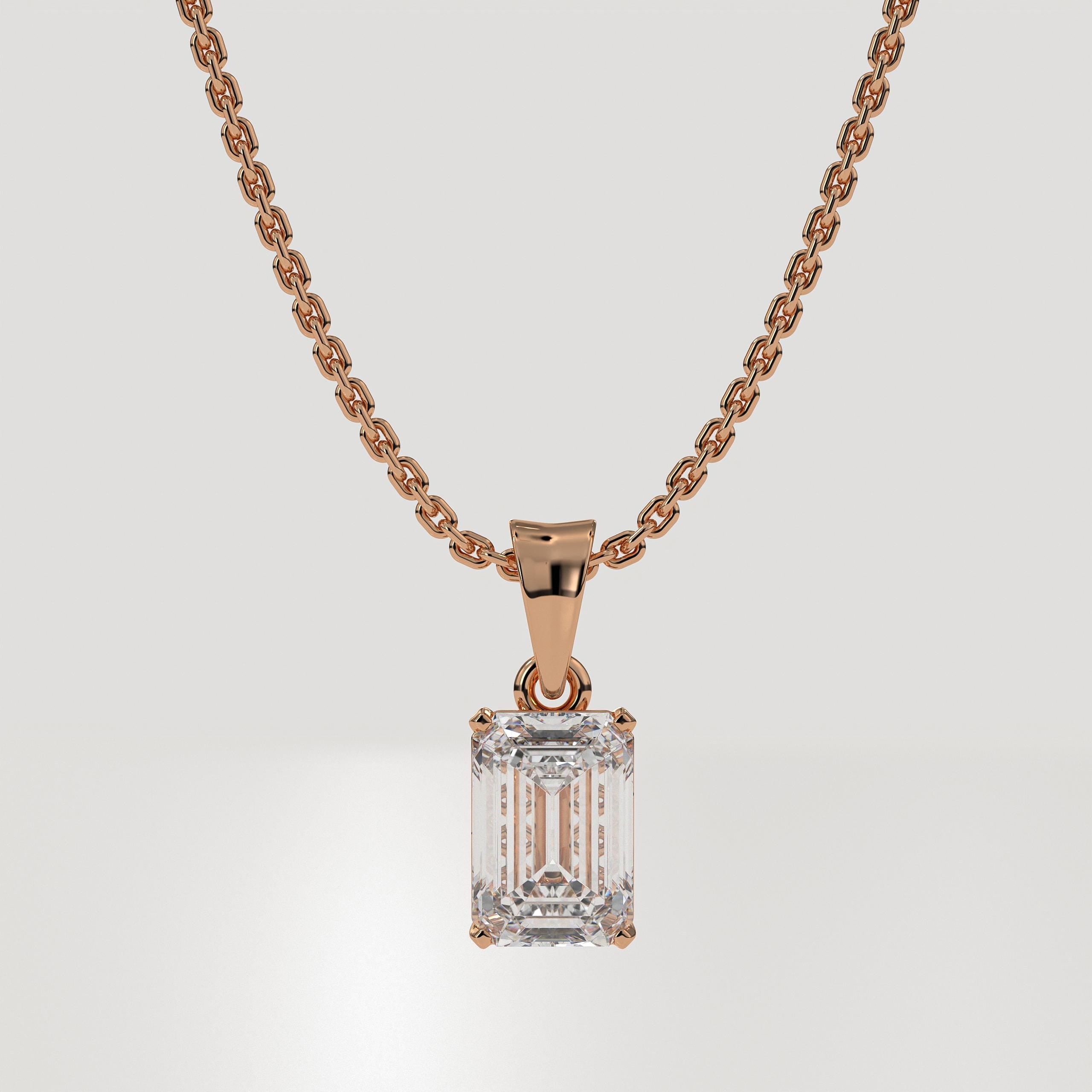 14K Gold 4 Ct  Emerald Cut Diamond Solitaire Pendant Necklace