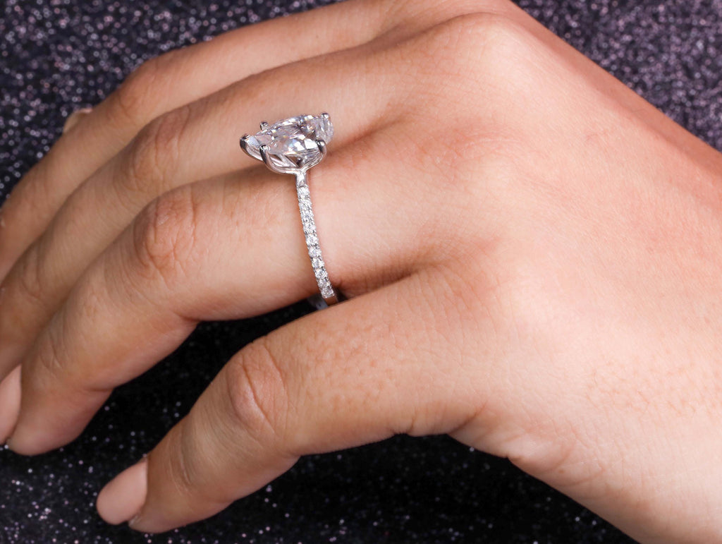 Handmade Pear Lab Grown Diamond Engagement Ring Hidden Halo, IGI Certified