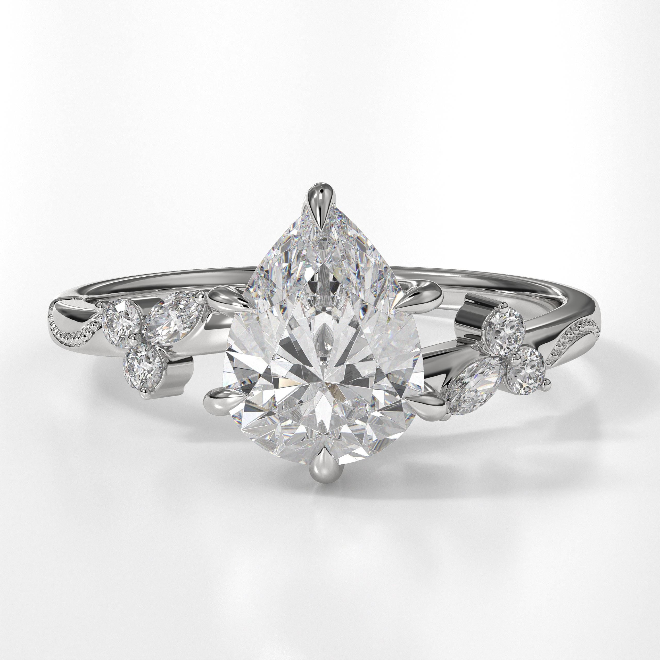 Vintage Pear Lab Grown Diamond 14K Gold Engagement Ring, Anniversary Gifts For Her
