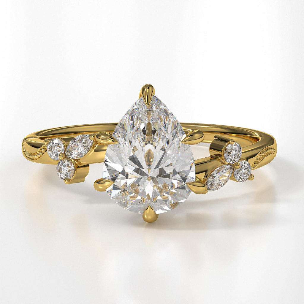 Vintage Pear Lab Grown Diamond 14K Gold Engagement Ring, Anniversary Gifts For Her