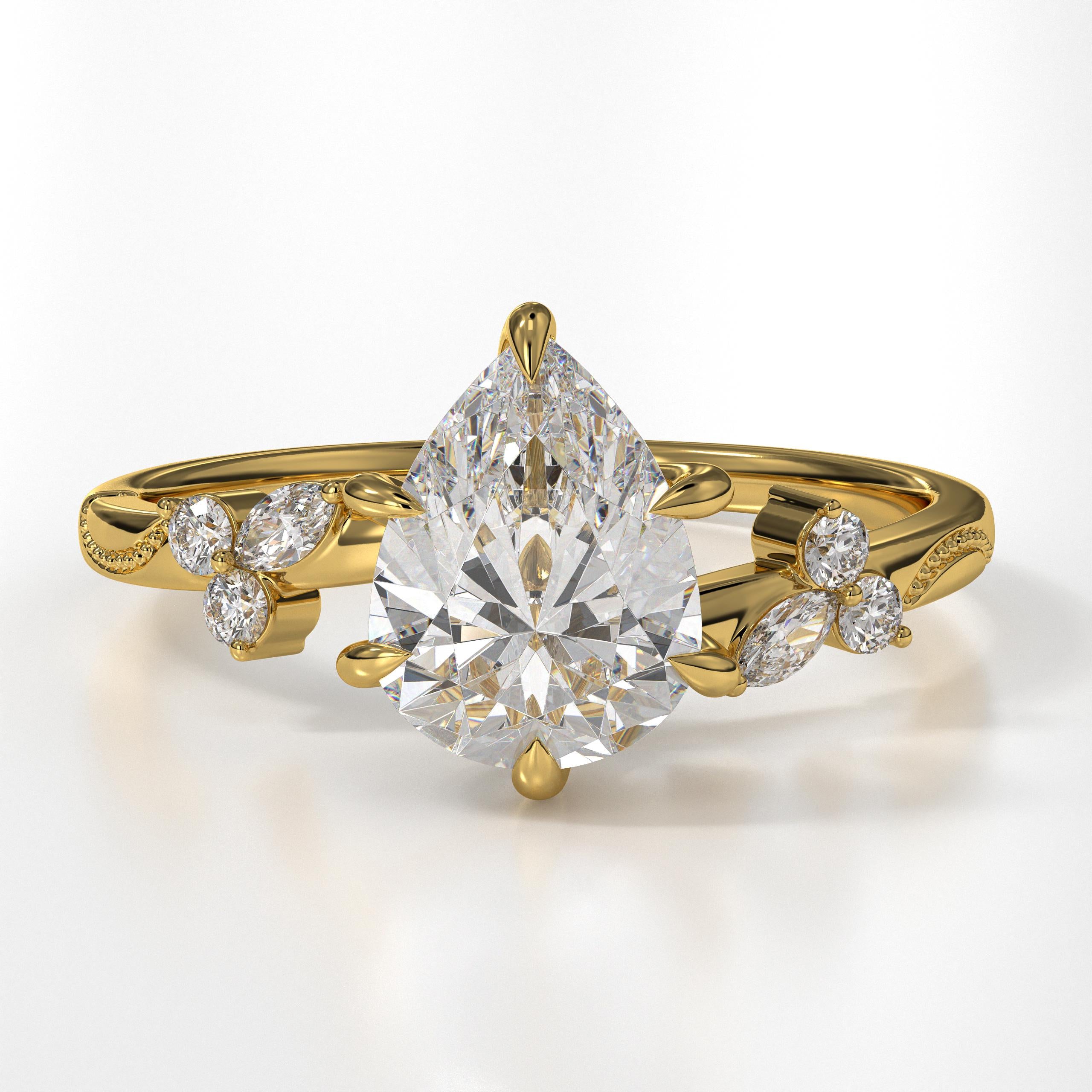 Vintage Pear Lab Grown Diamond 14K Gold Engagement Ring, Anniversary Gifts For Her