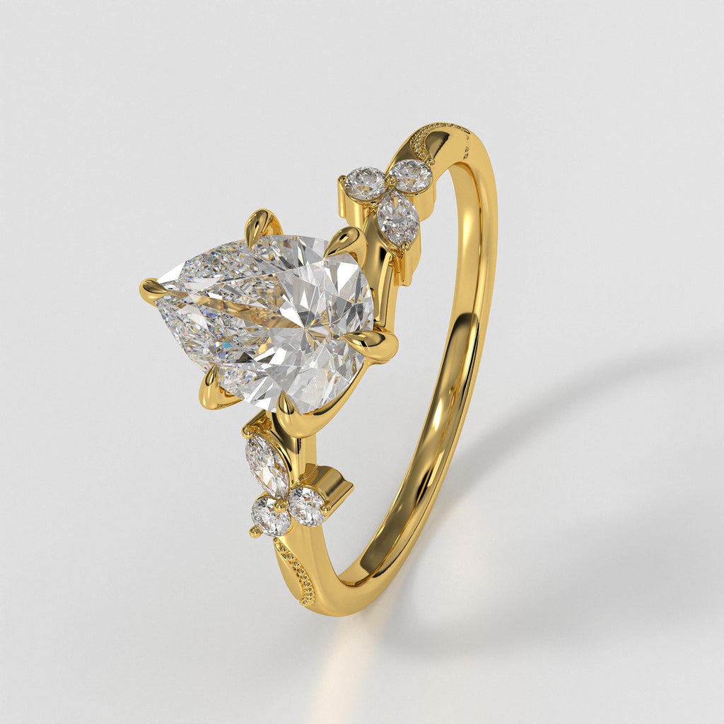 Vintage Pear Lab Grown Diamond 14K Gold Engagement Ring, Anniversary Gifts For Her