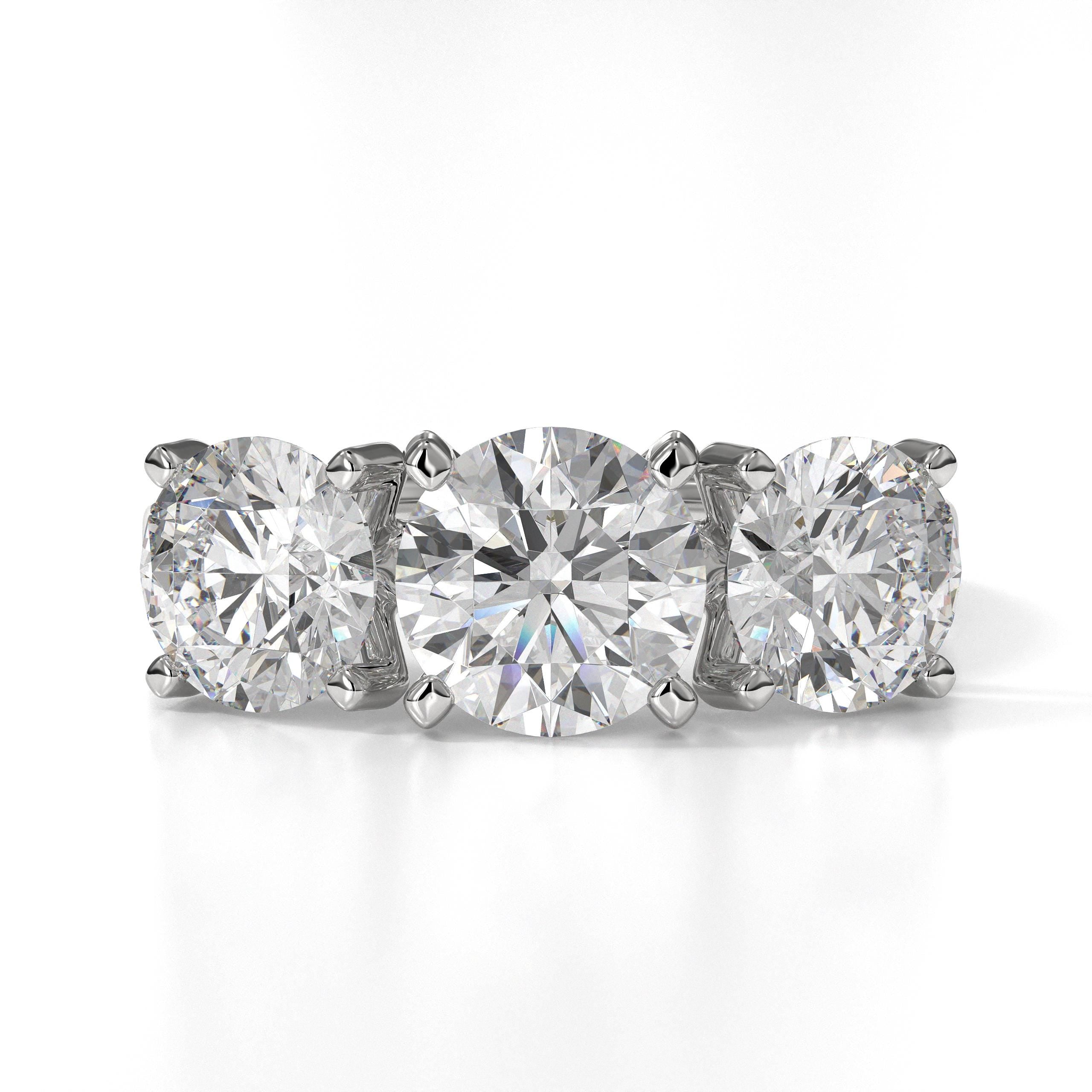 Round Cut Engagement Ring, 14k Gold Round Lab Grown Diamond Three Stone Engagement Ring