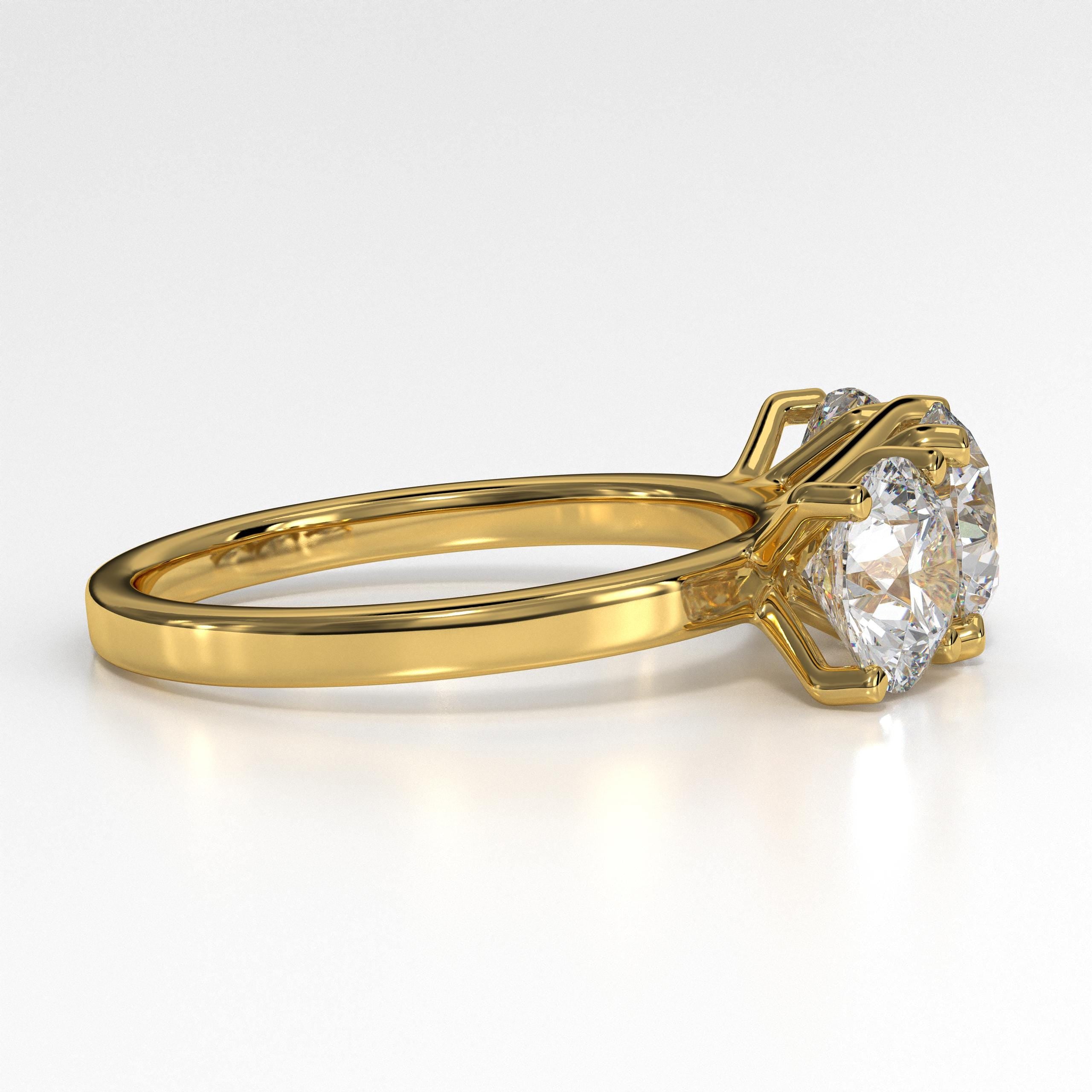 Round Cut Engagement Ring, 14k Gold Round Lab Grown Diamond Three Stone Engagement Ring