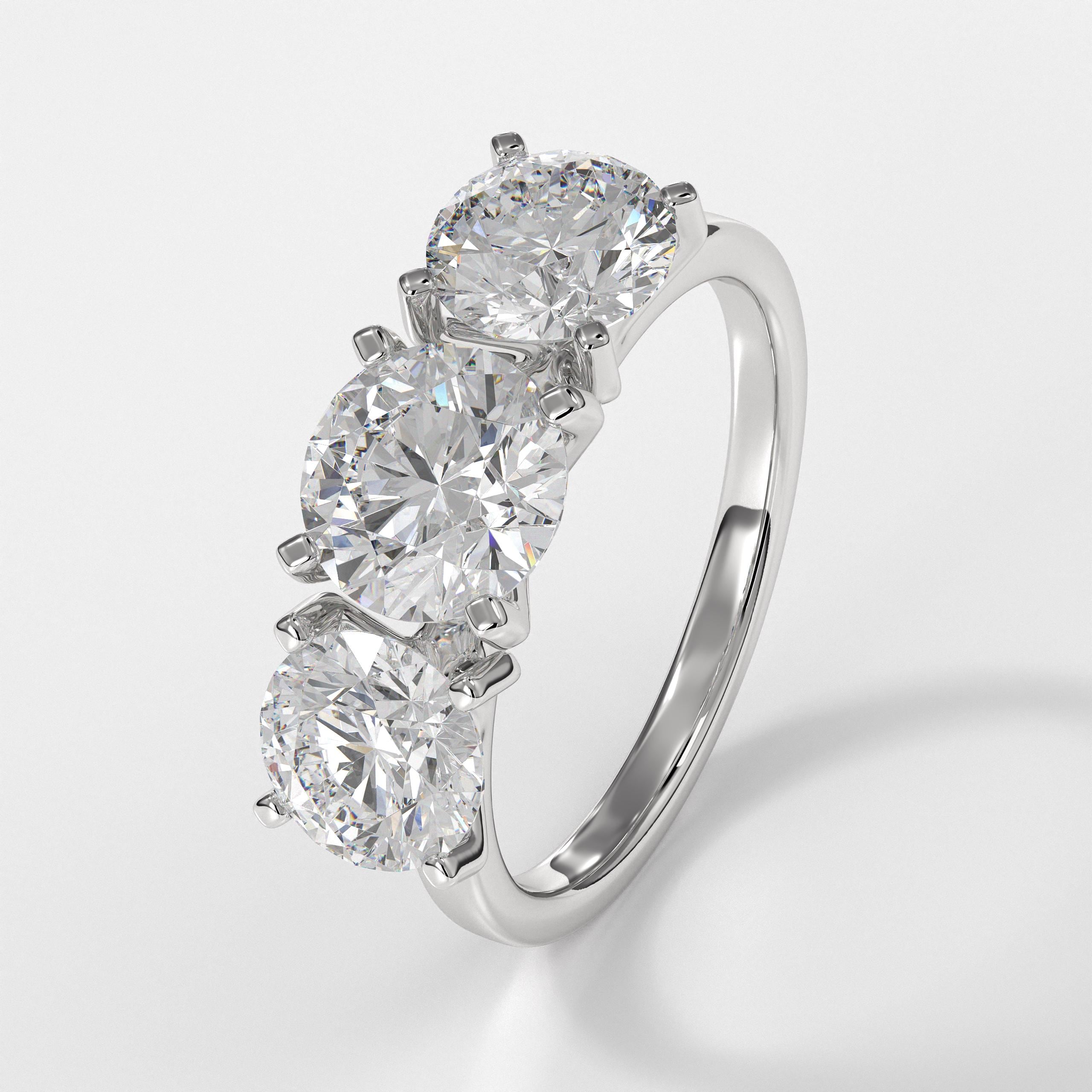 Round Cut Engagement Ring, 14k Gold Round Lab Grown Diamond Three Stone Engagement Ring