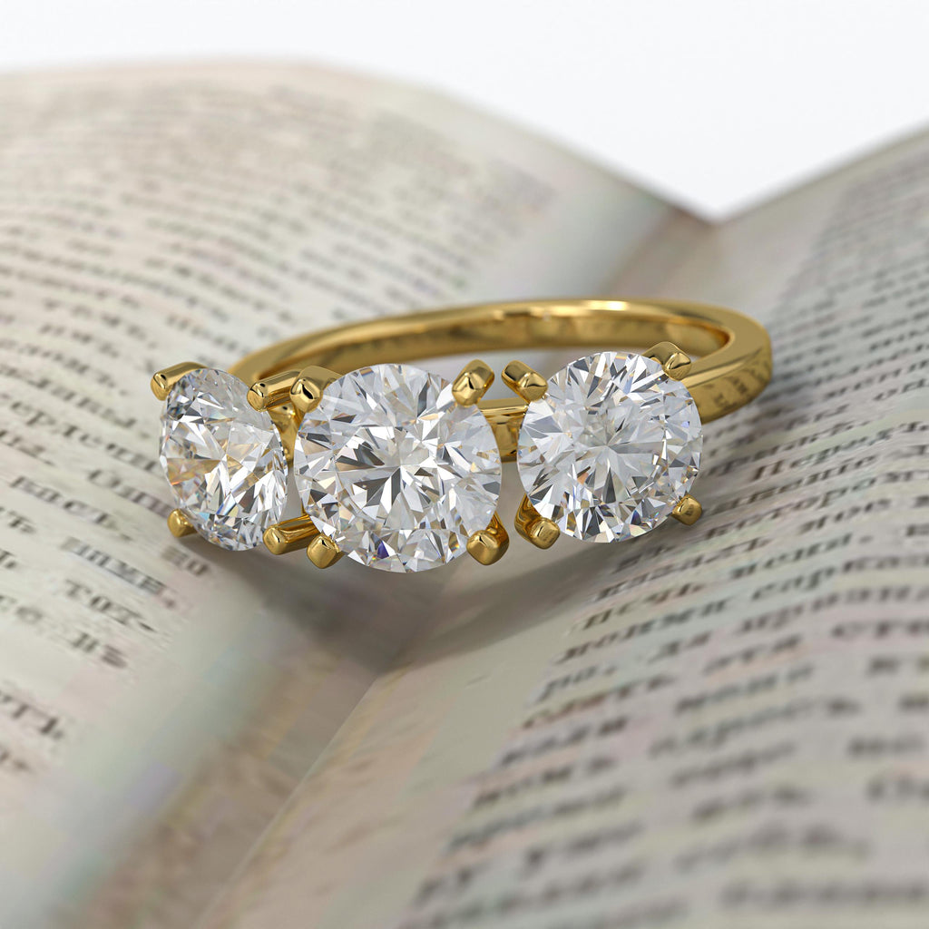 Round Cut Engagement Ring, 14k Gold Round Lab Grown Diamond Three Stone Engagement Ring