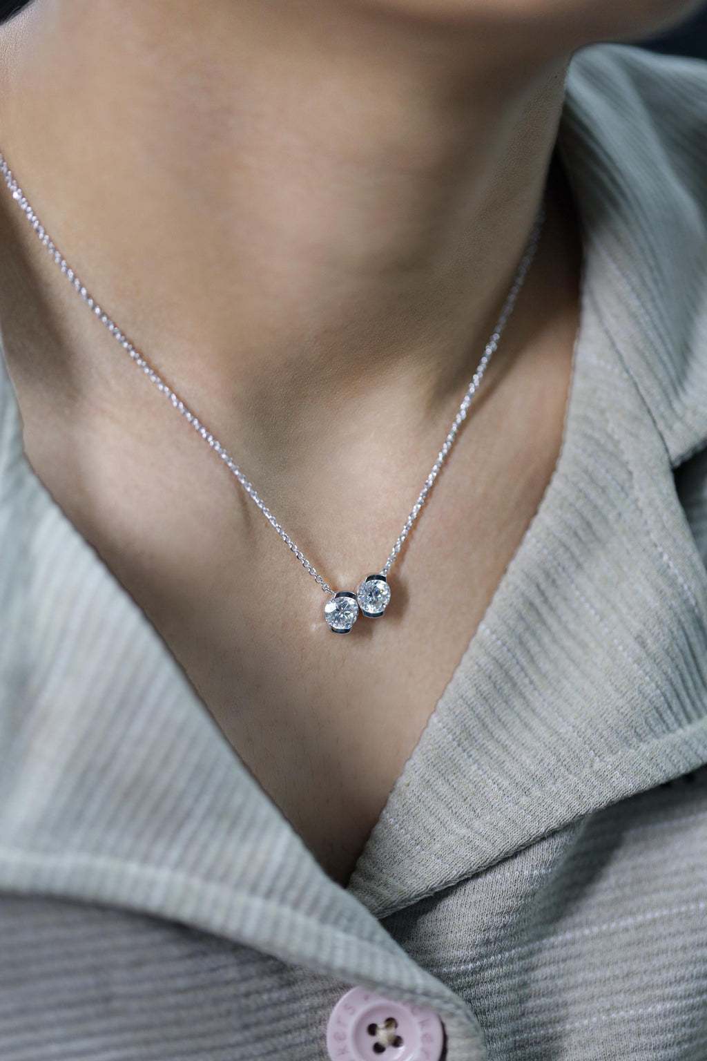 14K Gold Lab Grown Diamond Solitaire Pendant Necklace, Half Bezel Set Necklace