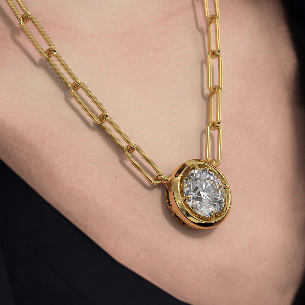 14K Gold Lab Grown Diamond Bezel PaperClip Chain Necklace