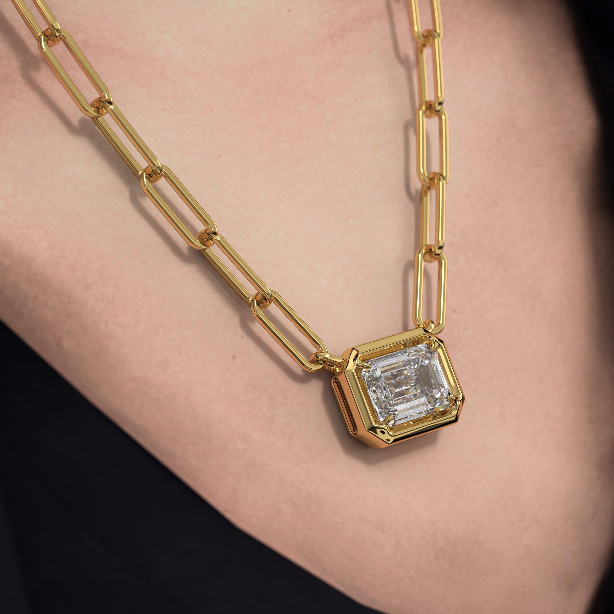 2 Ct Lab Grown Diamond Necklace, 14K Gold Solitaire Pendant With Paper Clip Chain