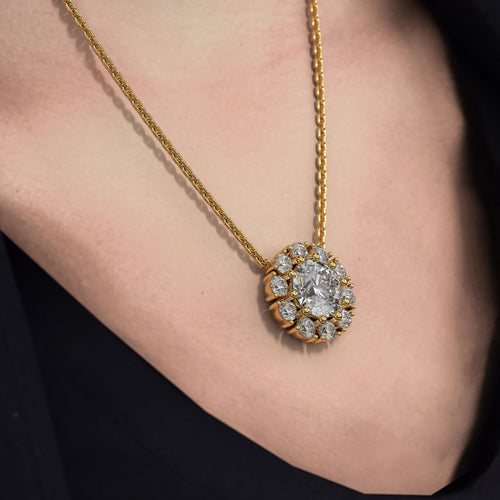 14K  Solid Gold Lab Grown Diamond With Halo Pendant Necklace