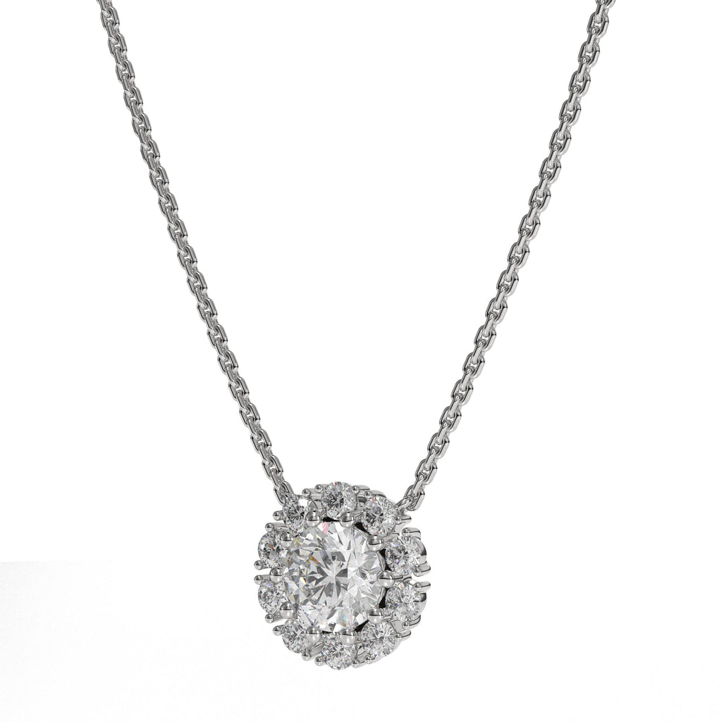 14K  Solid Gold Lab Grown Diamond With Halo Pendant Necklace