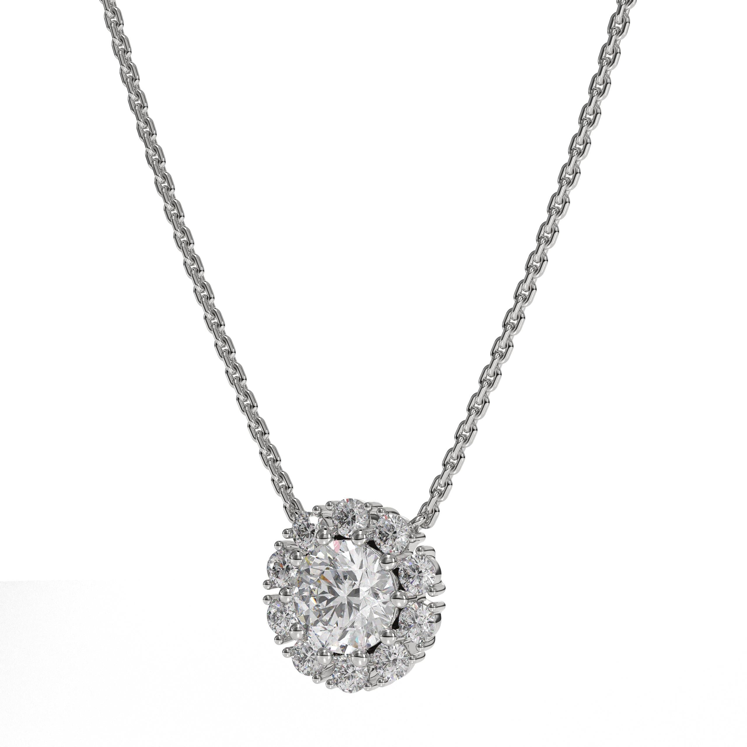 14K  Solid Gold Lab Grown Diamond With Halo Pendant Necklace