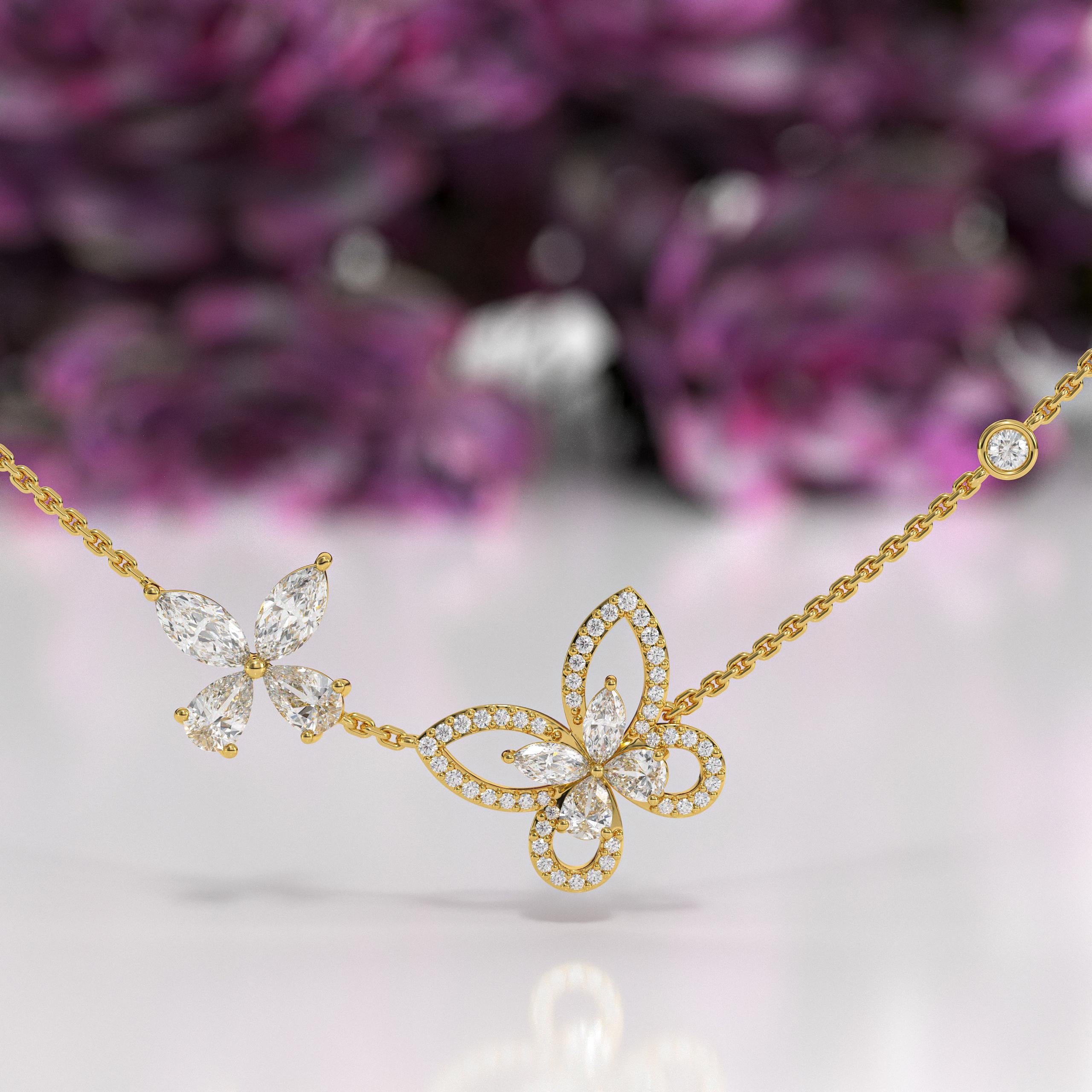 14K Solid Gold Butterfly Lab Grown Diamond Necklace, Birthday Gifts, Women's Necklaces