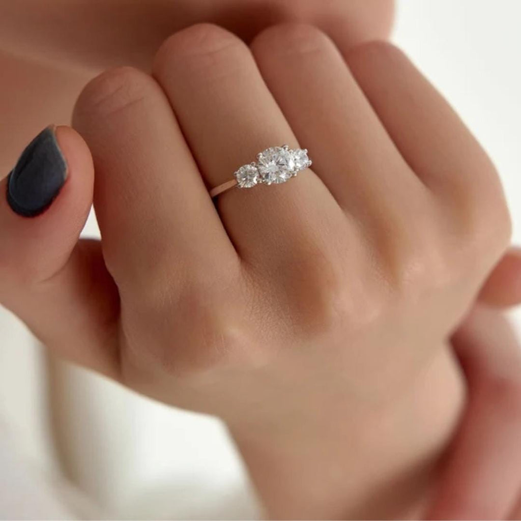 14K Gold Round Lab Grown Diamond Three Stone Engagement Ring
