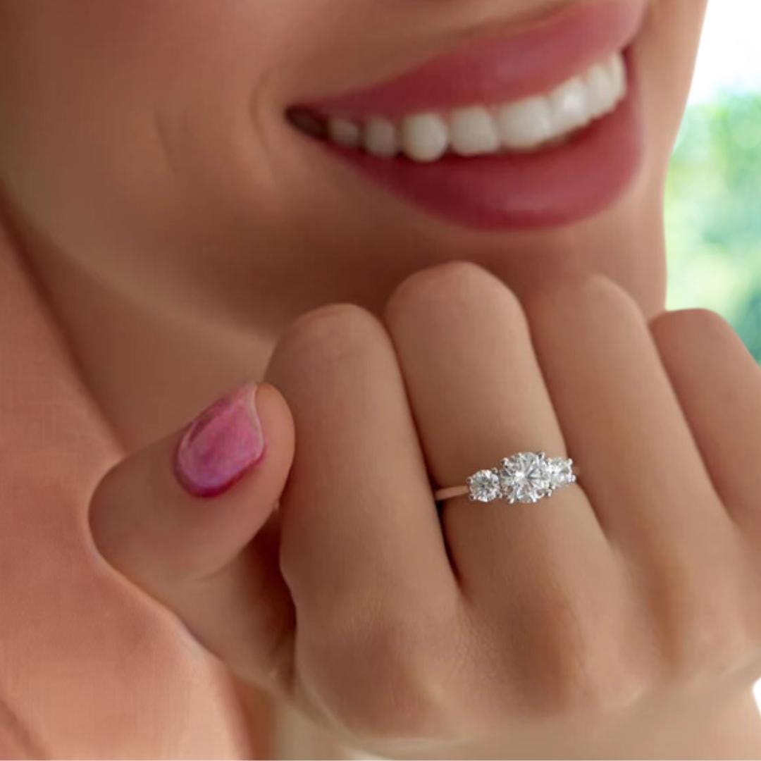 14K Gold Round Lab Grown Diamond Three Stone Engagement Ring
